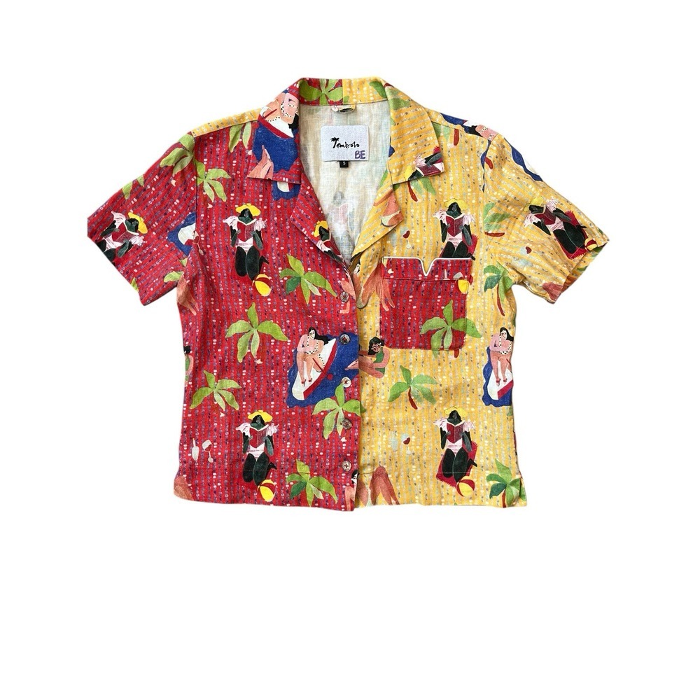 Tombolo Company x‎ Ana Leovy Crop Cut Linen Shirt Yellow Cabana, Size Small